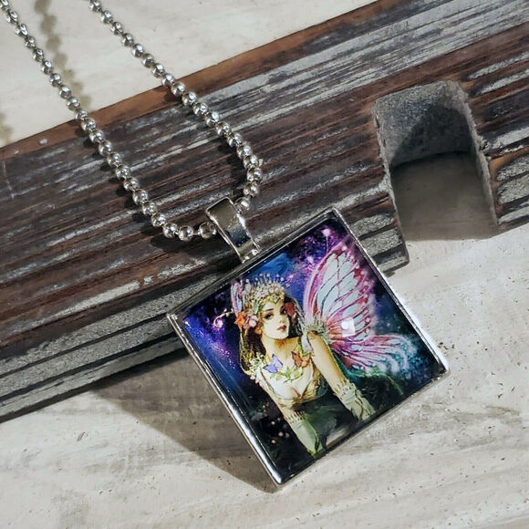 Hand Crafted Faery Square Glass Cabochon Pendant Necklace - Picture 1 of 4